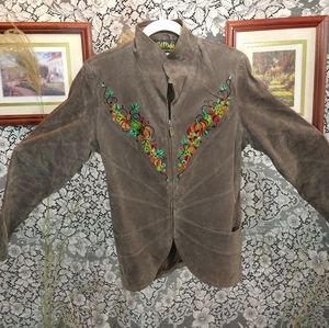 Bob Mackie leather jacket rare unique embroidery harvest vintage taper zip cuffs